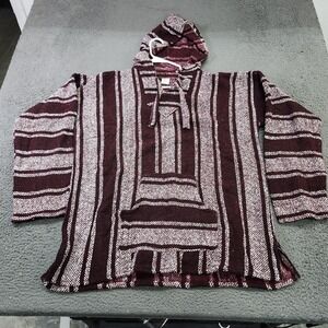 Artesanias Sweater Mens XL Red Striped Hooded Baja Pullover Kangaroo Pocket